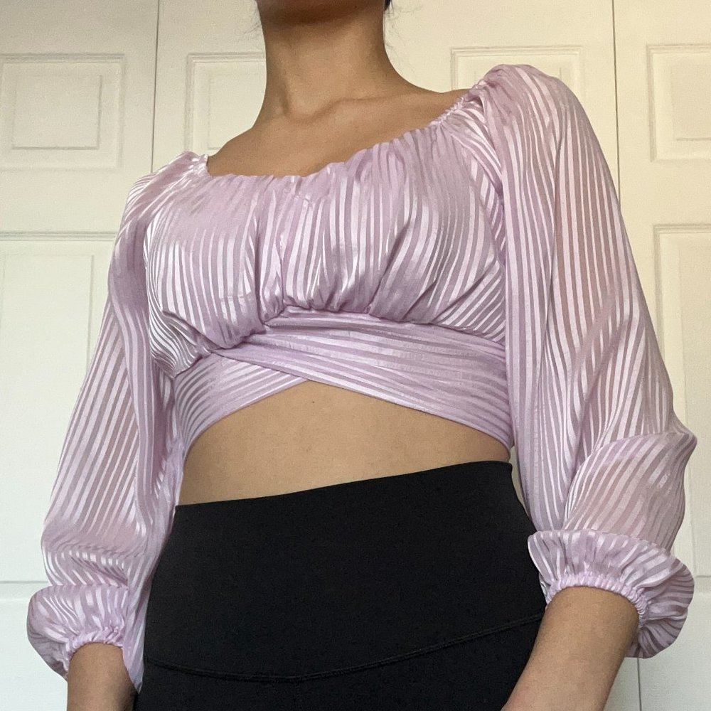 Striped Pink Crossover Bow Blouse